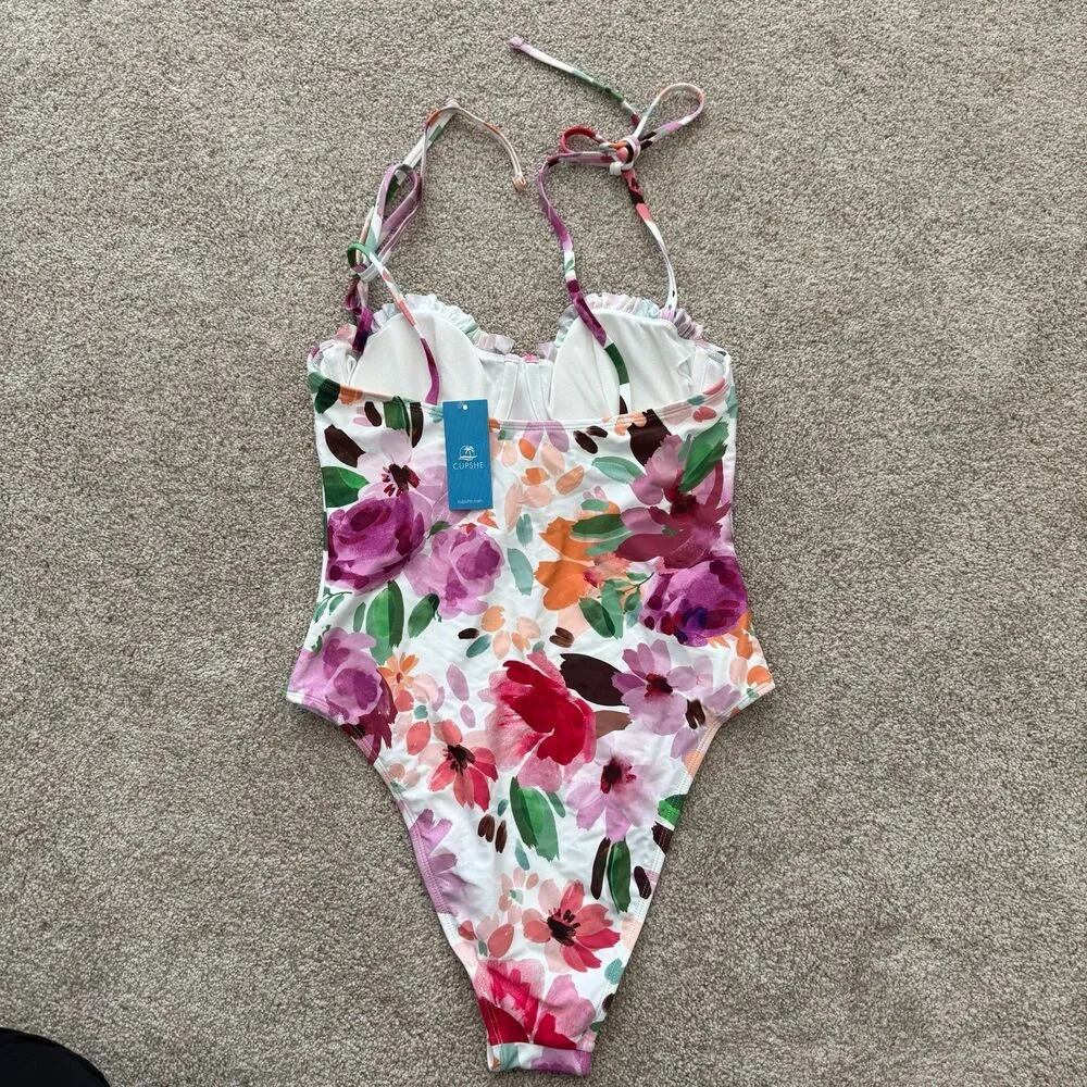 Cupshe Floral Holiday garden sweetheart One Piece Swimsuit - Pink and Green - Picture 4 of 12